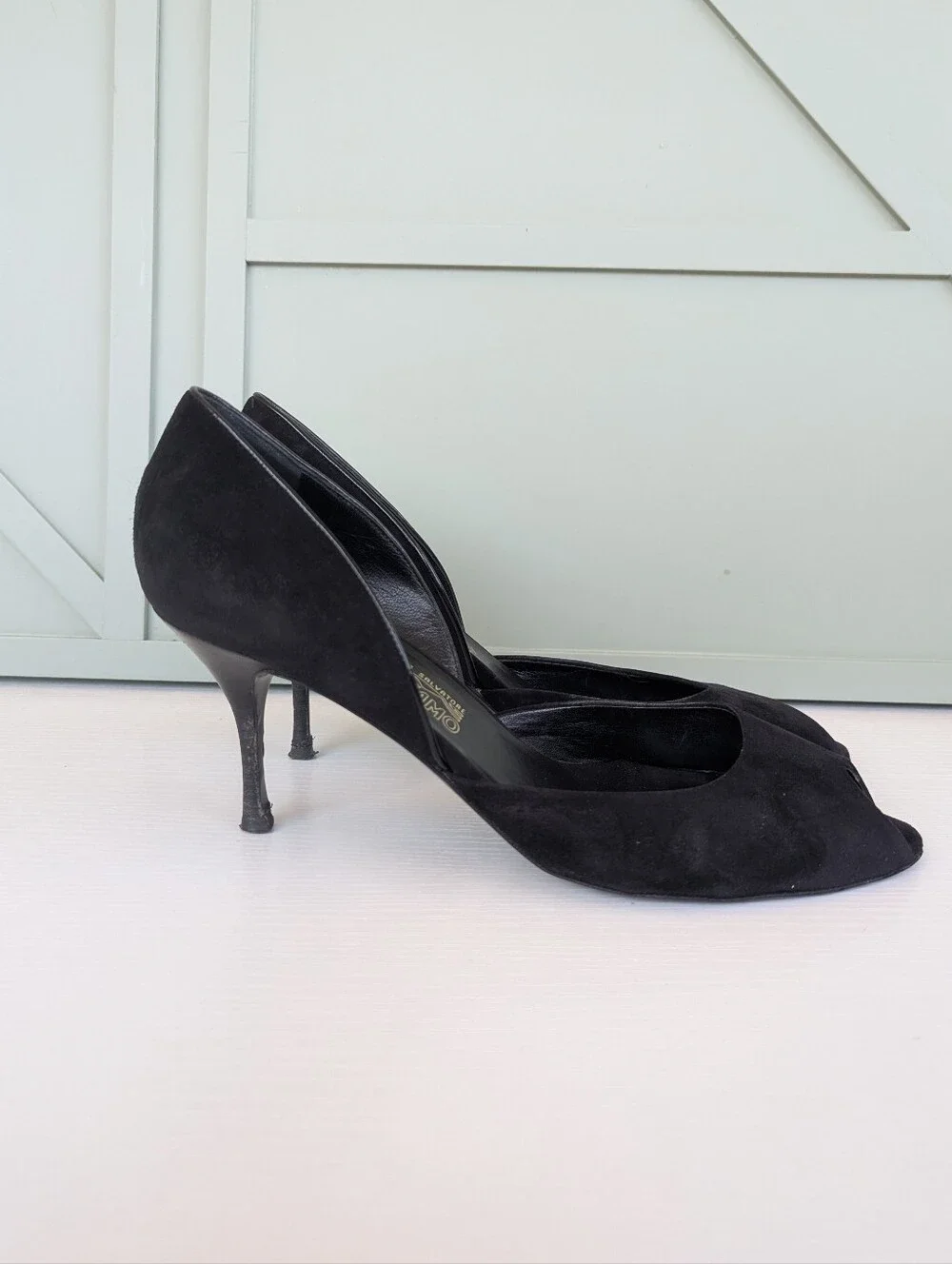 Salvatore Ferragamo Black Suede Peep-Toe Kitten Heels